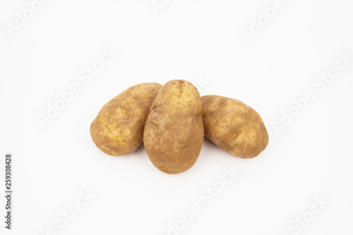 Three raw russet potatoes isolated on white background