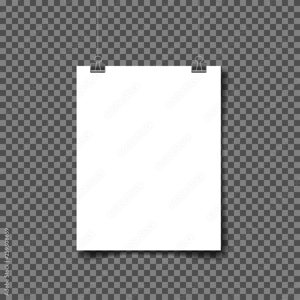 White poster hanging. Mock up empty paper blank. Vertical and horizontal template on gray background. White poster hanging. Mock up empty paper blank. Vertical and horizontal template on gray background.