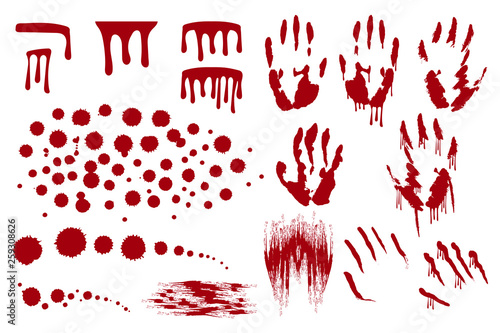 Bleed stains, blood splatter  and handprint. Horror dirty bloody drop leak.  Vector isolated illustration.
