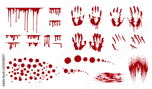 Blood splatter, bleed stains and handprint. Horror dirty bloody drop leak.  Vector isolated illustration. photo