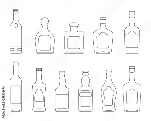 Alcohol bottles of wine, whiskey, vodka, tequila, brandy, scotch, cognac, gin and rum in outline. Bar cold cocktail booze. Vector illustration.