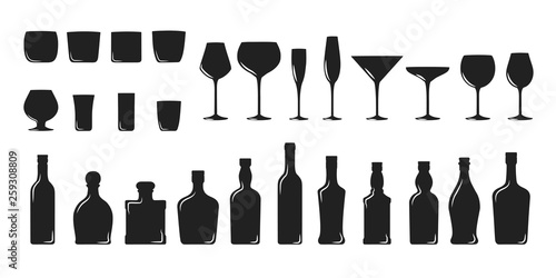 Big set of wine, champagne, gin, martini, scotch, whiskey, rum, tequila glasses and bottles silhouettes. Bar cold cocktail booze. Vector illustration of alcohol drinks.