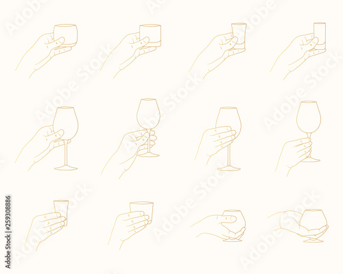 Hands holding golden alcohol glasses of wine, rum, whiskey, cognac, brandy, scotch and vodka, tequila shots. Cocktail bar drink menu gold label. Vector illustration.