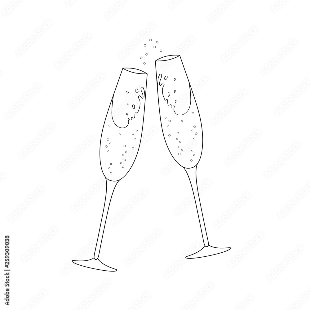 Two Clinking Champagne Glasses In Outline Celebration Toast With Sparkling Wine Vector New