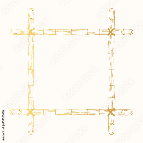 Square hand drawn golden wooden border Japanese frame made of stems. Vector gold bamboo banner, template or photo board isolated background.