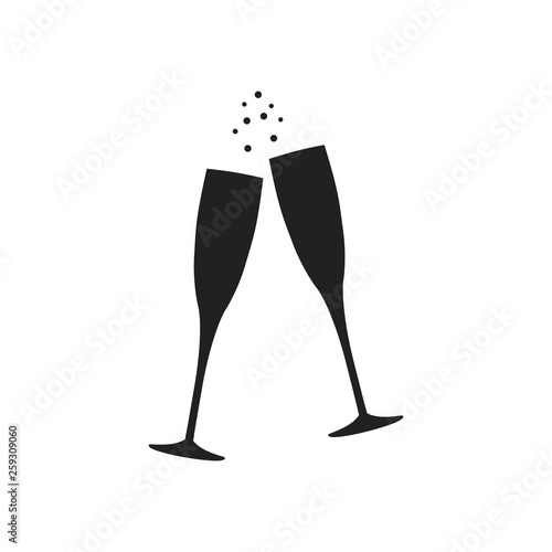 Two clinking sparkling champagne glasses silhouettes. New year celebration party toast. Vector wedding background for invitation.