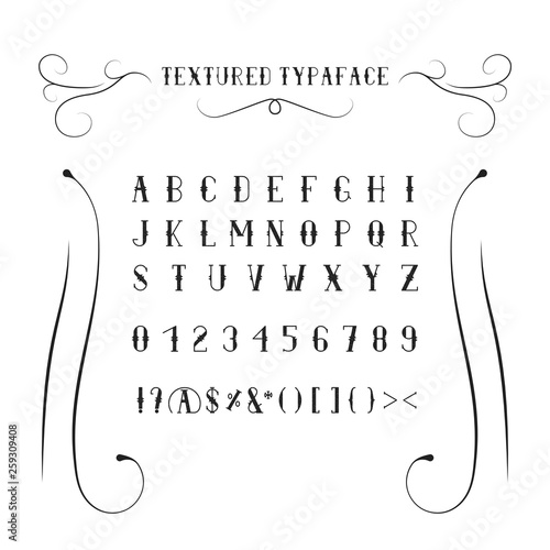 Vintage textured font for whiskey label. Typeface in retro style. Alcohol bottle design lettering. Vector hand written alphabet.
