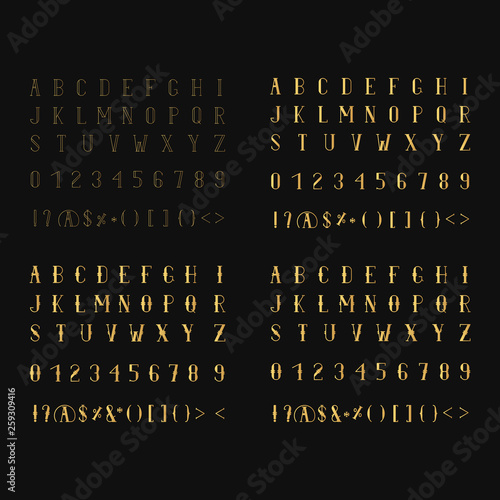 Vintage golden serif font collection for whiskey label. Typeface in retro style. Alcohol label design gold lettering. Vector hand written alphabet.