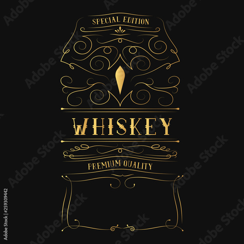 Vintage golden whiskey label for bottle with lettering. Hand drawn gold alcohol frame typography border. 