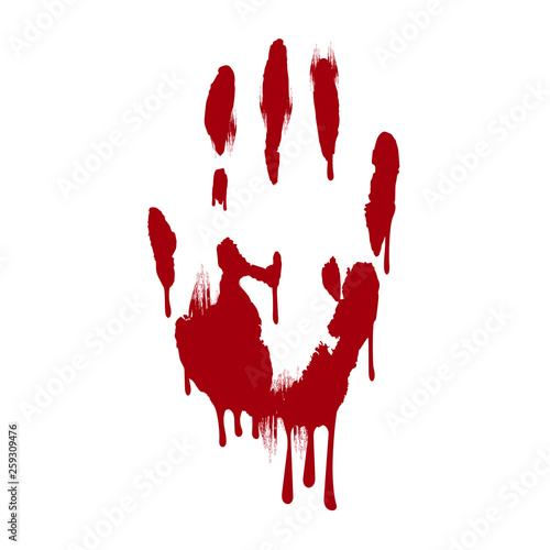 Red bloody hand print splatter background. Scary dirty blood handprint. Horror vector illustration.