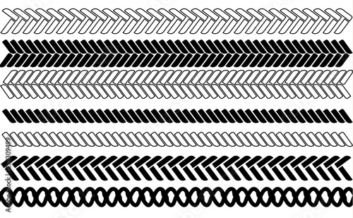 Ropes pattern brushes. Seamless nautical rope and chain stripes isolated on background.