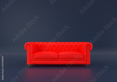 Fototapeta Naklejka Na Ścianę i Meble -  red leather sofa is standing in an empty blue room with a dark blue floor. Concept of minimalism. 3d rendering mock up - Illustration