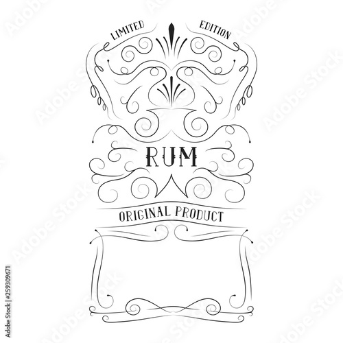 Vintage rum label for alcohol bottle with lettering. Hand drawn ornate frame typography border. 