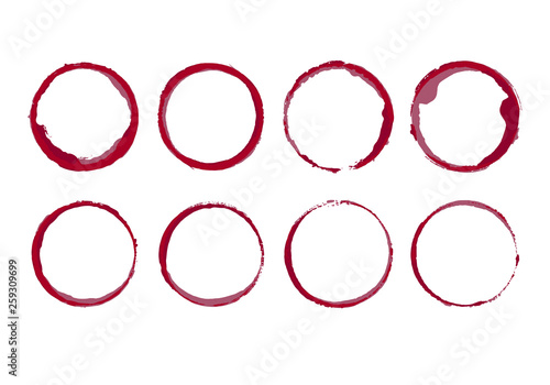 Wine stain circles. Coffee bottom glass ring spills templates. Vector isolated round paint grunge frames.