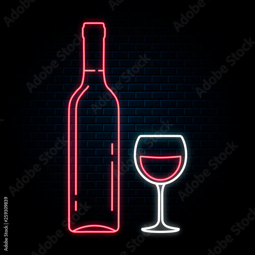 Glowing neon sign with wine bottle and glass. Vector isolated illustration. Icon for night winery bar background. Led luminous sign for wedding restaurant signboard.