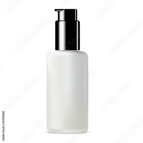 White Glass Bottle. Foundation Cream Cosmetic Jar. Matt Container for Concealer. Premium Facial Skin Care Essence. Medical Liquid Silk Gel. Glossy Black Plastic Pump Lid. Bb Glitter Mockup.