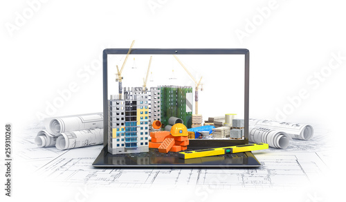 Construction site on the screen of a laptop computer, skyscraper, drawing plan, building materials. 3d illustration