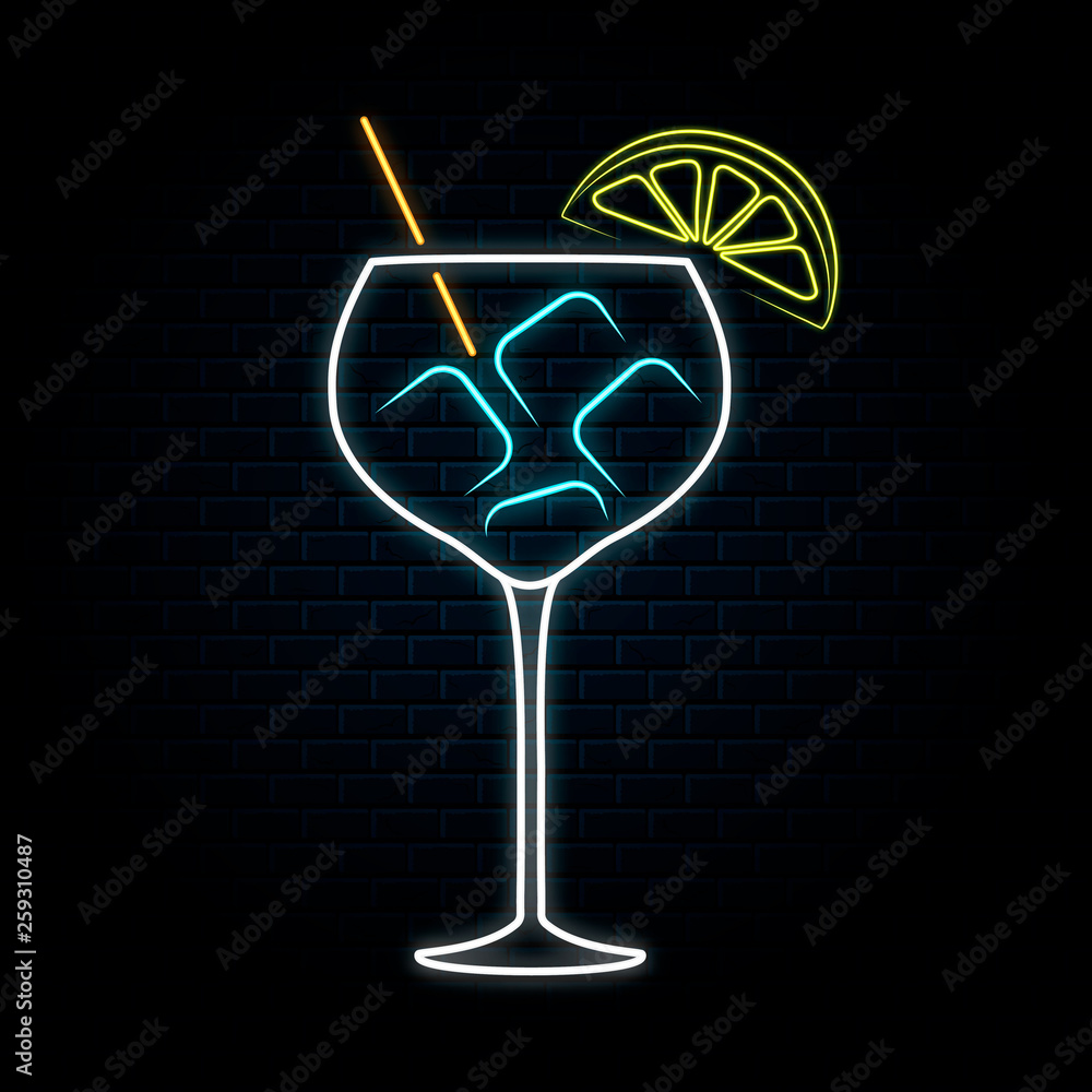Vecteur Stock Neon gin tonic glass with lemon and ice. Vector isolated  illustration. Icon for night bar background. Led luminous sign for cocktail  restaurant signboard. | Adobe Stock