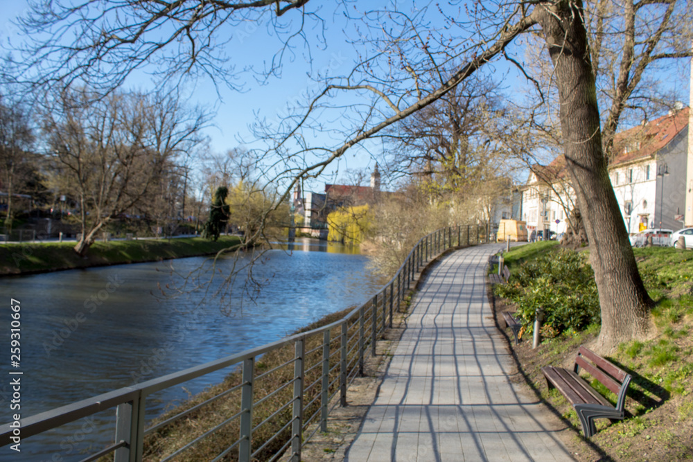  Spring embankment of the river Oder on a sunny day, Poland