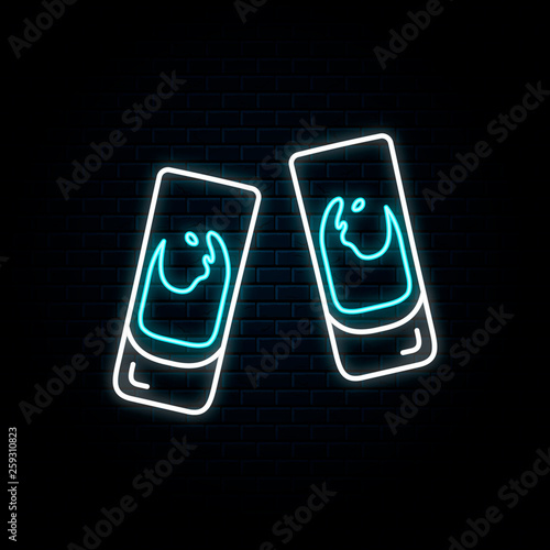 Glowing neon sign with two clinking vodka or tequila shots. Vector isolated illustration. Icon for night bar background. Led luminous sign for pub signboard.