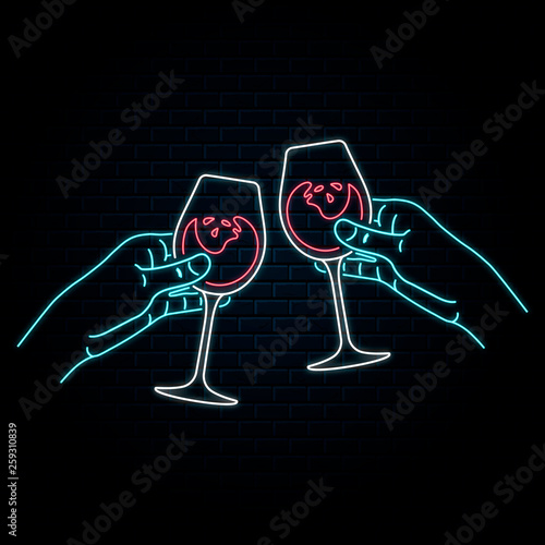 Glowing neon sign with two hands clinking wine glasses. Vector isolated illustration. Icon for night winery bar background. Led luminous sign for wedding restaurant signboard.