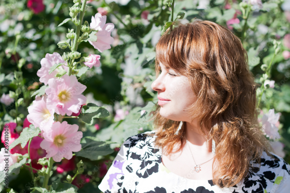 beautiful girl surrounded by colorful flowers mallow beautiful girl surrounded by colorful flowers mallow