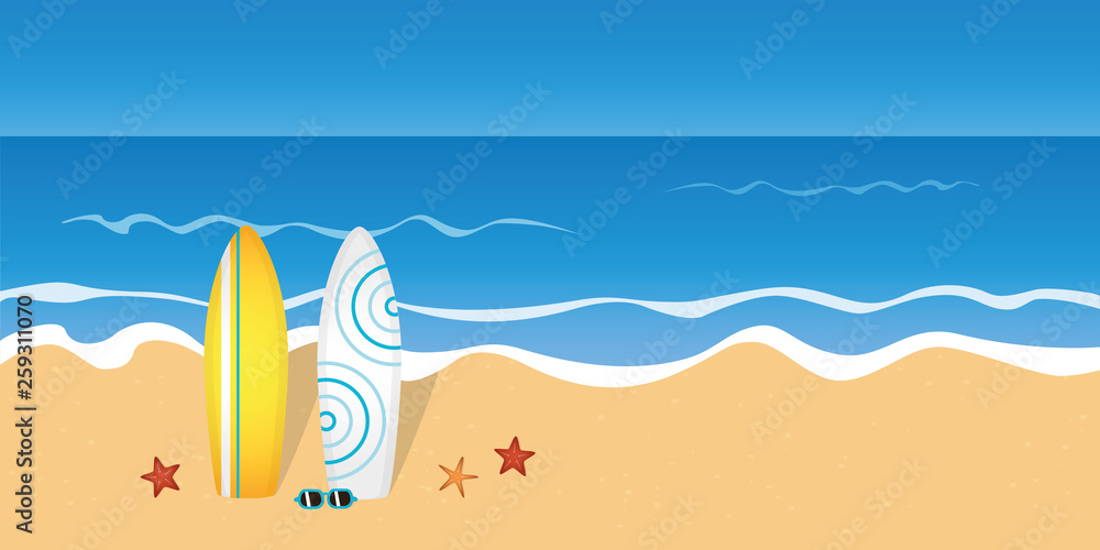 two surfboards and sunglasses on the beach with starfish vector illustration EPS10