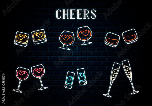 Big set of glowing neon clinking wine, wheskey, champagne, rum glasses and vodka or tequila shots. Vector isolated illustration. Icon for night bar background. Led luminous sign for pub signboard.