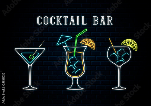 Neon cocktail bar singboard with pina colada, gin tonic and martini. Vector isolated illustration. Icon for night bar background. Led luminous sign for restaurant.