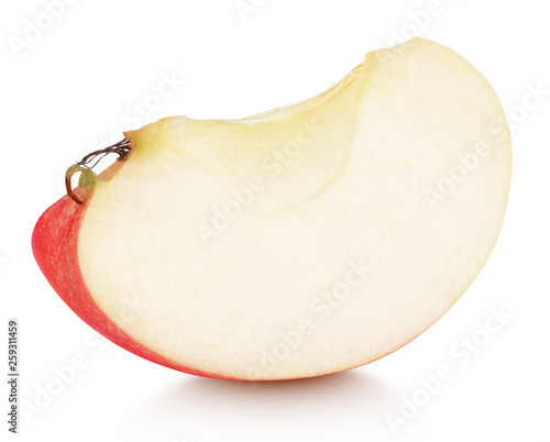 Wedge of red apple fruit without seed isolated on white background. Red apple slice with clipping path. Full depth of field.