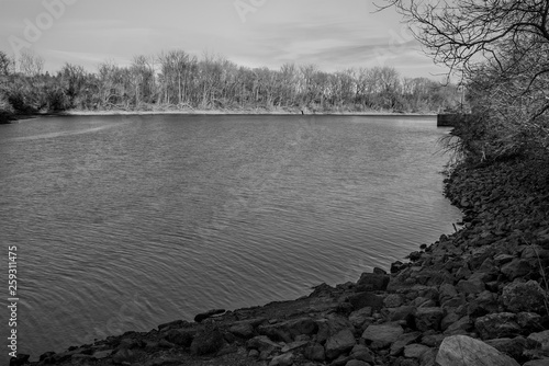 Black and White View of Mohawk River in Utica, New York photo