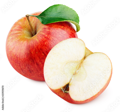 Ripe red apple fruit with apple half without seeds and apple leaf isolated on white background with clipping path. Full depth of field.