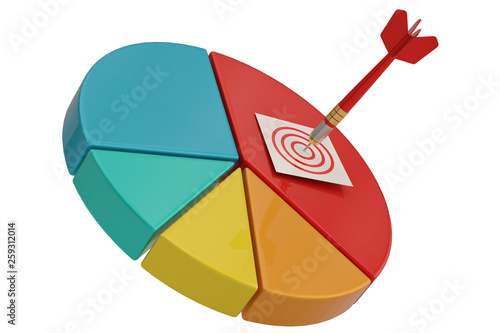 Pie chart and darts isolated on white background. 3D illustration. © Holmessu