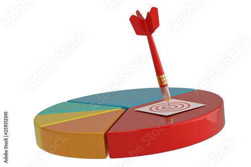 Pie chart and darts isolated on white background. 3D illustration.
