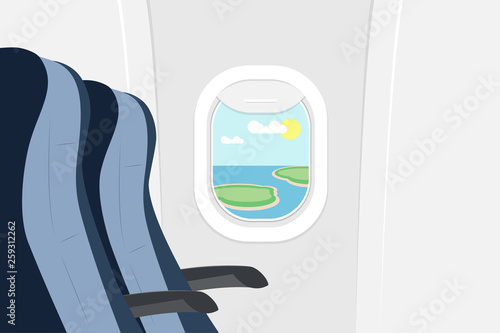 Passenger seats and porthole with a landscape. View from the airplane window. Armchairs and Illuminati in the plane. Passenger space in the plane. Vector illustration.