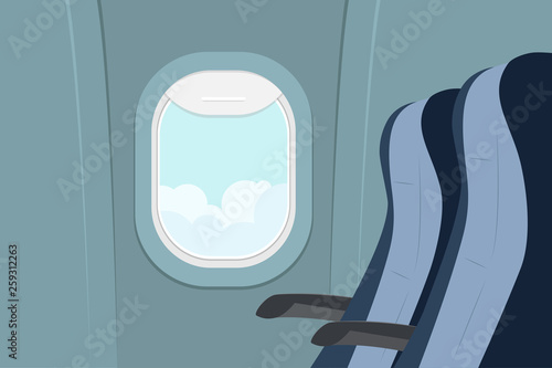 Passenger seats and porthole with a landscape. View from the airplane window. Armchairs and Illuminati in the plane. Passenger space in the plane. Vector illustration.