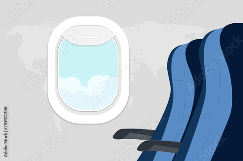 Passenger seats and porthole with a landscape. View from the airplane window. Armchairs and Illuminati in the plane. Passenger space in the plane. Vector illustration.