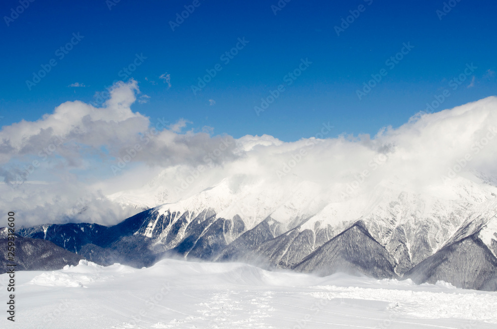 Amazing view of the Caucasus mountains in the ski resort Krasnaya Polyana Russia