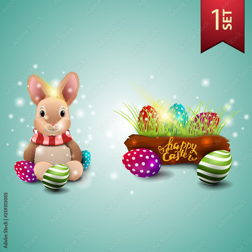Fototapeta premium Set of icons for Easter, Easter bunny and Easter eggs