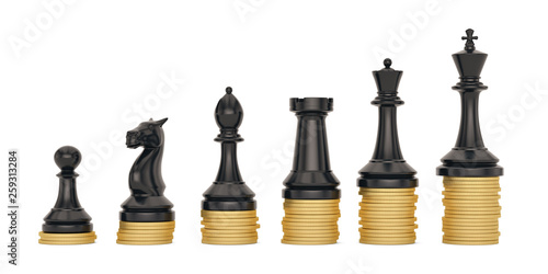 Black chess and coin stacks isolated on white background 3D illustration.