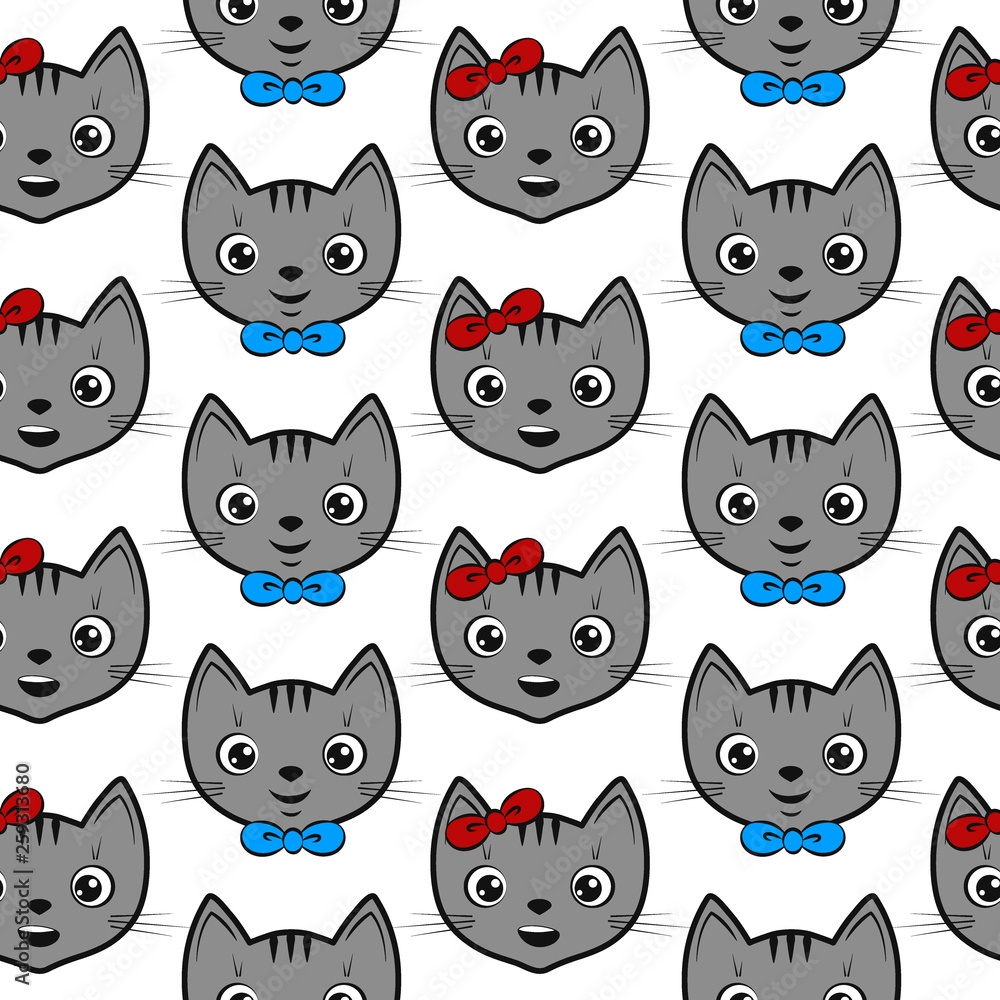Cute seamless pattern background. Funny grey cats boys and girls. Vector illustration in cartoon style