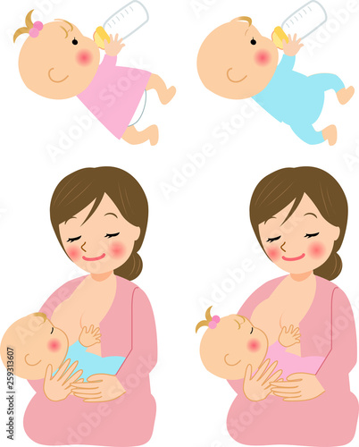 授乳するママと哺乳瓶でミルクを飲む赤ちゃん
