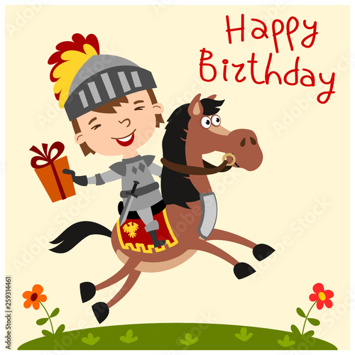 Funny knight in armor riding horse with gift in hand - happy birthday card