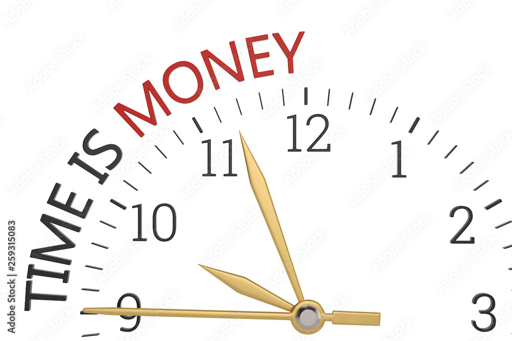 Time is money word and clock isolated on white background. 3D illustration. Time is money word and clock isolated on white background. 3D illustration.