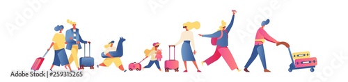 Flat people going on vacation, isolated on white. Families and kids, parents ans couples walking with luggage and trolley. Bright passengers ready for flight ot travel