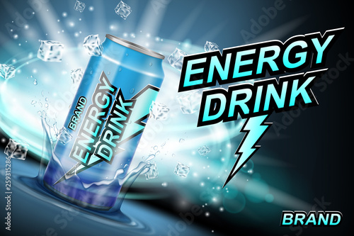 Energy drink label ads with ice cubes and splash on dark. Realistic package lightning design, energy drink for poster or banner. Vector 3d illustration
