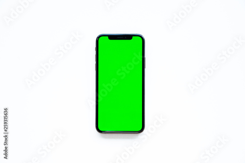 iPhone XS, smartphone, green screen on white background
