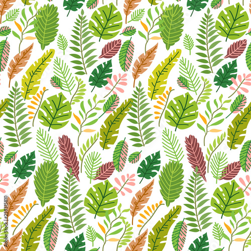 Tropical leaves vector pattern. Summer equatorial rainforest with foliage