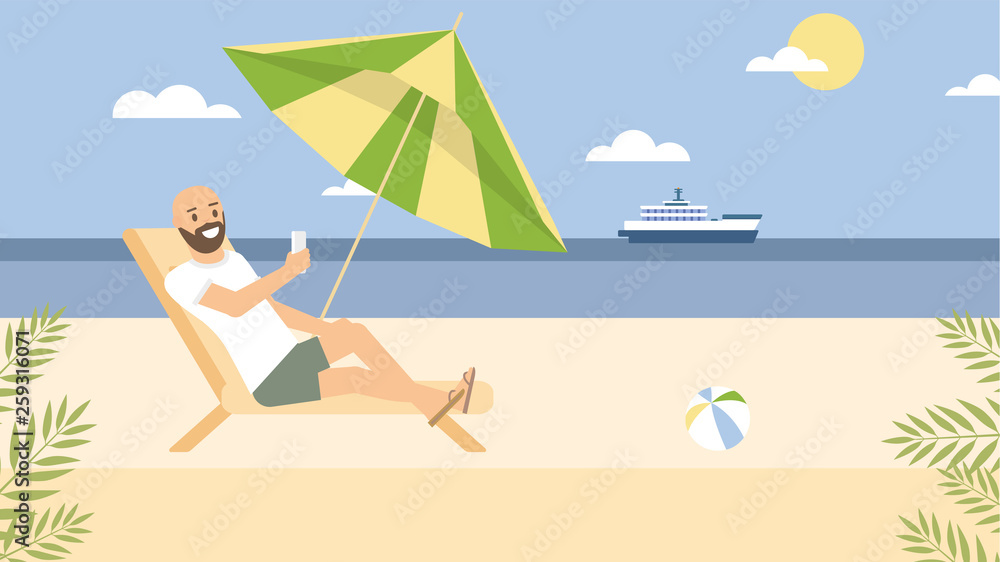 Man relax on beach with smartphone vector illustration in flat style