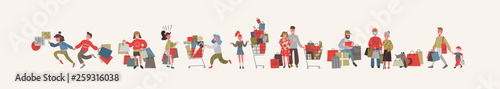 Set of people with purchases at shopping. Flat design  cartoon style  vector illustrations
